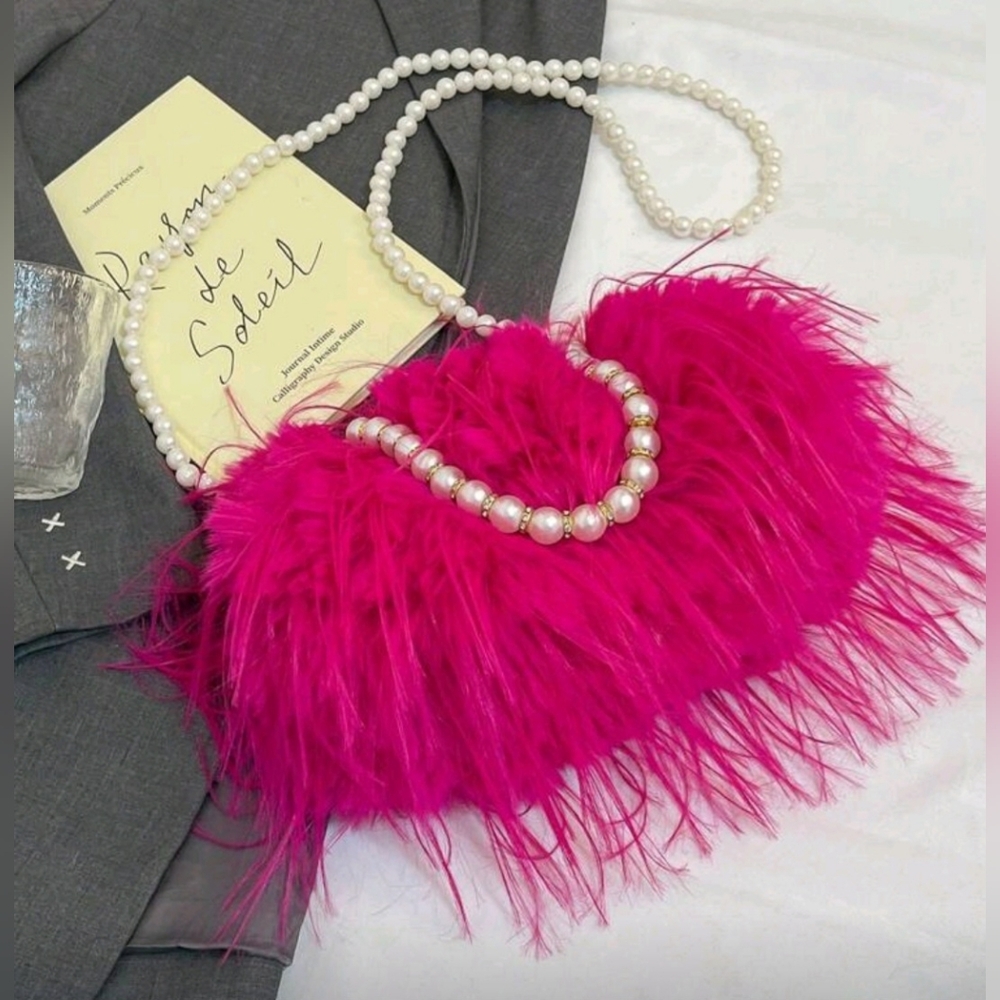NWT Hot Pink Super Fluffy Faux Fur Double Pearl Chain Cross Body Clutch Handbag - Picture 7 of 11